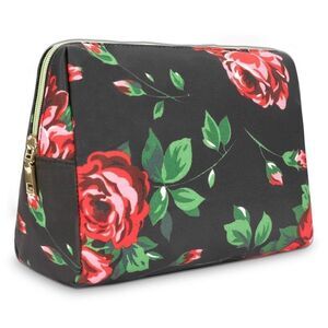 Dark Floral Rose Faux Leather Makeup Cosmetic Travel Bag New